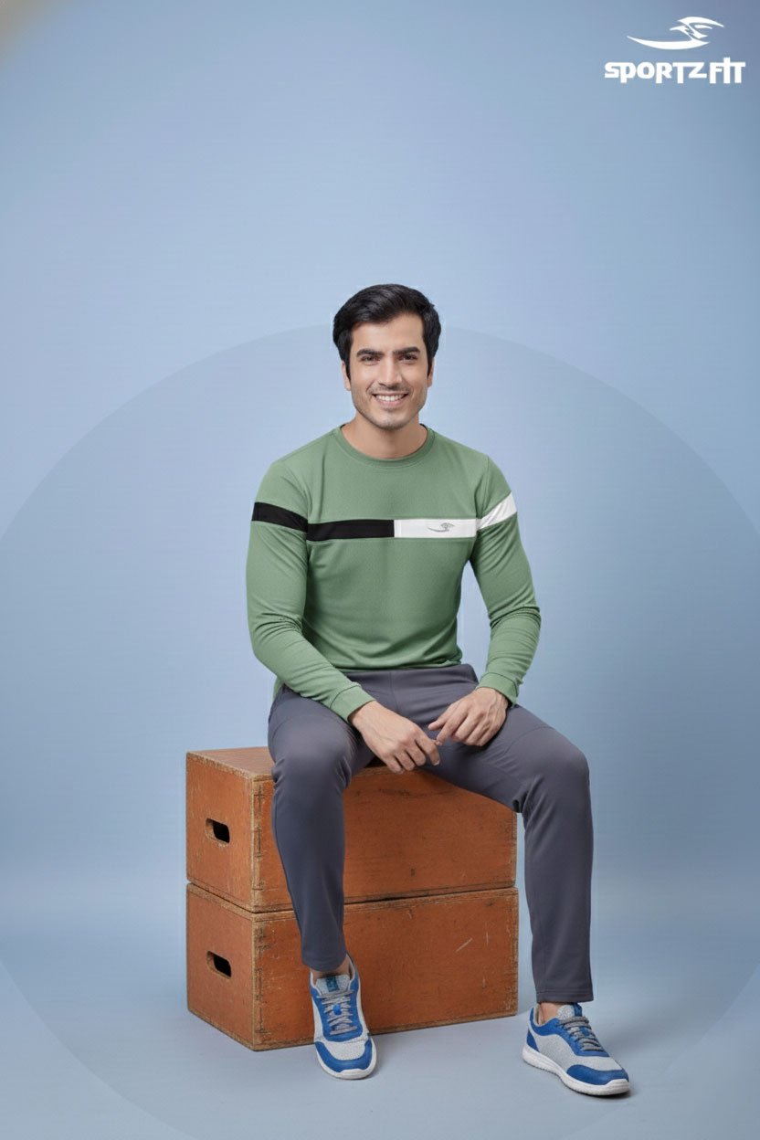 Men Round Neck Full Sleeve T-Shirt - Sage Green  | L | SBT60